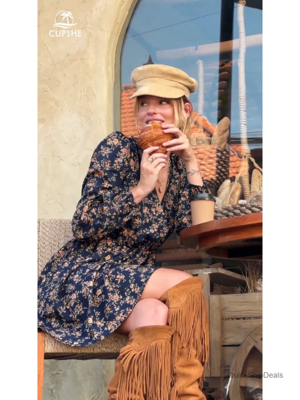 Floral Ruffle Mini Dress Surplice V Neck Peasant Sleeve Casual Fall Vacation - Picture 6 of 6